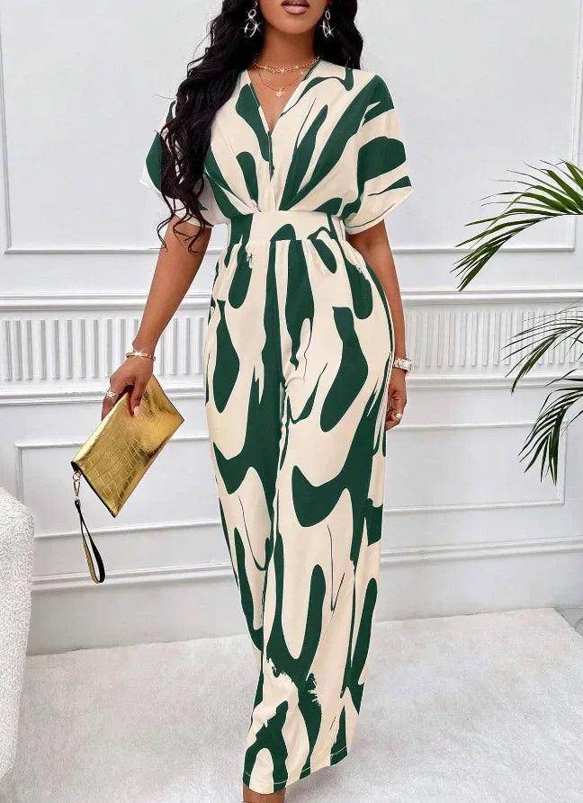 One Piece Women Print V Neck Half Sleeve Loose Wide Leg Long Pants Overalls Casual Splice Romper Tight High Waist Jumpsuits-THAT FASHION STORE