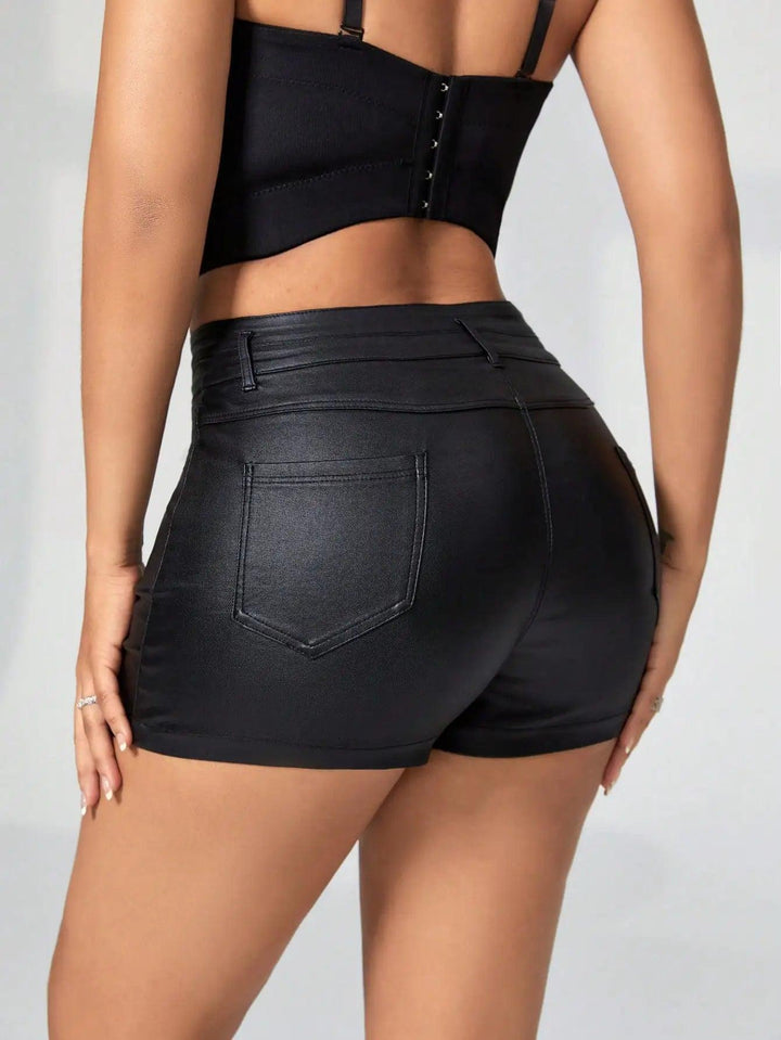 2023 Sexy Stretch Slant Pocket Double Button Detail Solid PU Leather Shorts Women Casual Holiday Streetwear-THAT FASHION STORE