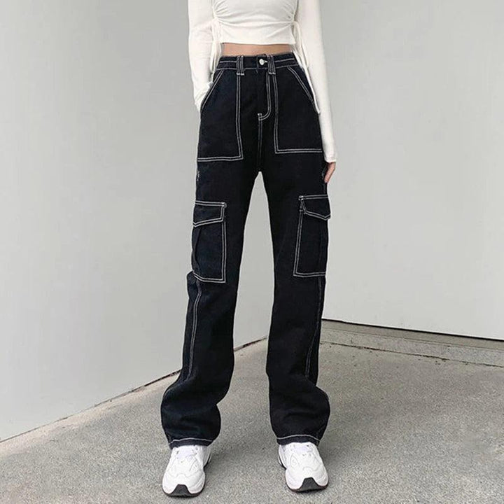 Streetwear Pockets Black Cargo Jeans Women High Waist Straight Denim Trousers Woman 2023 Harajuku Wide Leg Long Pants-THAT FASHION STORE