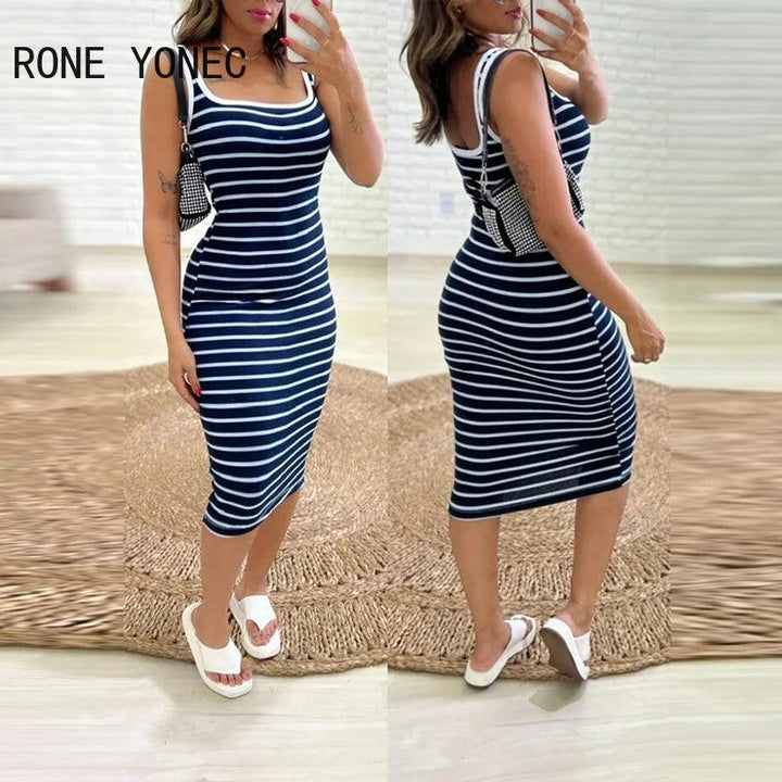 2024 Women Casual Tank Striped Pattern Sleeveless Midi Skinny Sexy Dress-THAT FASHION STORE