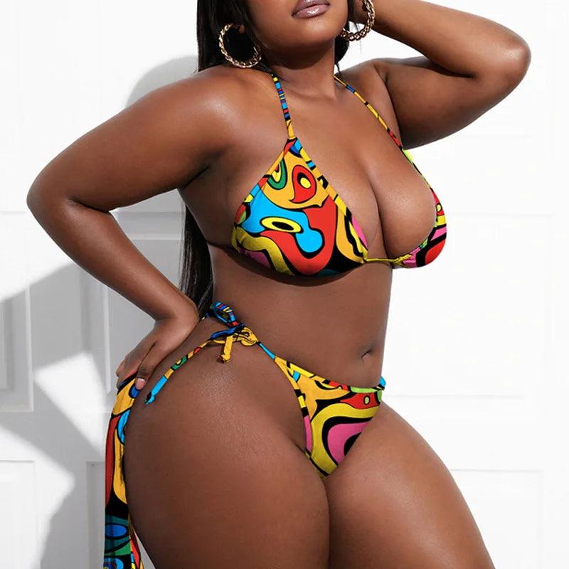 Sexy 3 Piece Set Large Size Bikini Set Large Cup Swimwear Women Halter African Swimming Suit Beach Plus Size Cover Up Swimsuit-THAT FASHION STORE