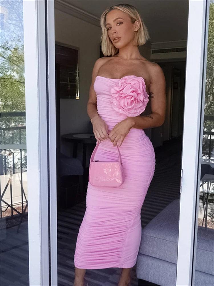 Ladies Spring Applique New Fashion Sleeveless Backless Tube Sexy Bodycon Ruched Midi Dresses Women Evening Party Night Clubwear-THAT FASHION STORE