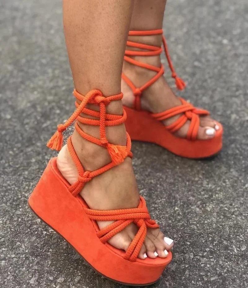 2024 Summer New Platform Wedge Sandals for Women Fashion Round Toe Cross Tied Height Increase Open Toe Femme Sandal Plus-THAT FASHION STORE