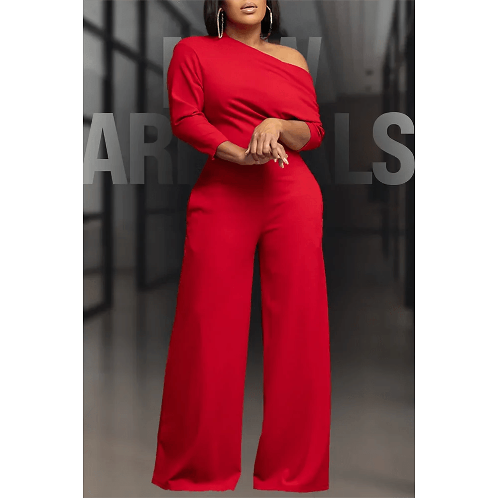 Plus Size Business Casual Jumpsuit Red Solid Color Slope Neck Wide Leg Jumpsuit-THAT FASHION STORE