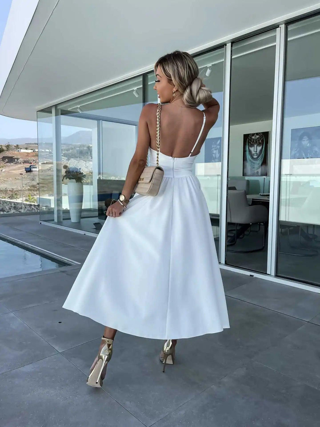 Solid Big Hem Dresses Women Sexy V-neck Backless Summer Fashion Twist Design Hollow Out Long Casual Sleeveless Sling Dress-THAT FASHION STORE