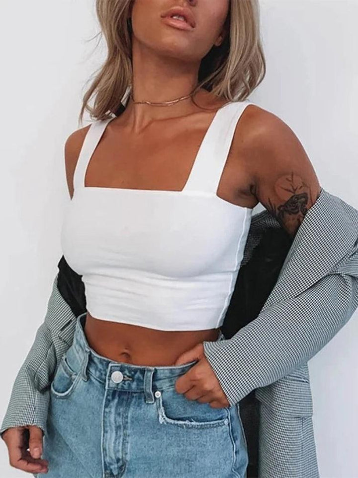 Square Neck Sleeveless Summer Crop Top White Women Black Casual Basic T Shirt Off Shoulder Cami Sexy Backless Tank Top-THAT FASHION STORE