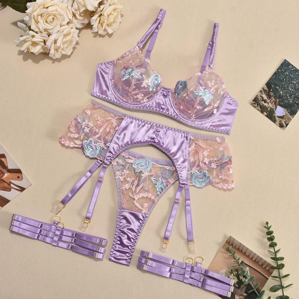 Women Sexy Lace Exotic Bra Set Flower Print See Through Bra See Through Thong Lingerie Set Underwear Costumes-THAT FASHION STORE