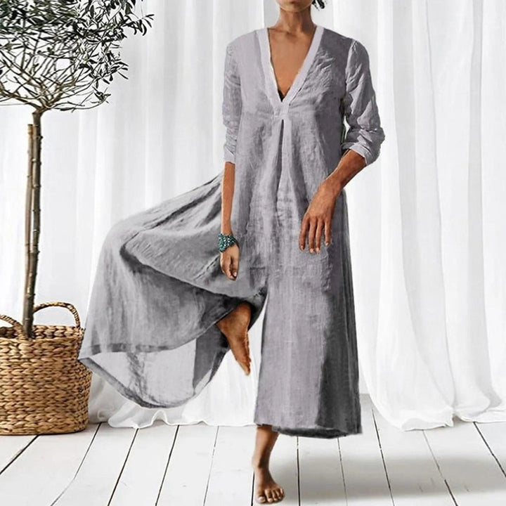 Women Cotton Linen Solid Loose Playsuit Overalls Casual 3/4 Sleeve Offcie Lady Rompers Spring Vintage V Neck Wide Leg Jumpsuits-THAT FASHION STORE