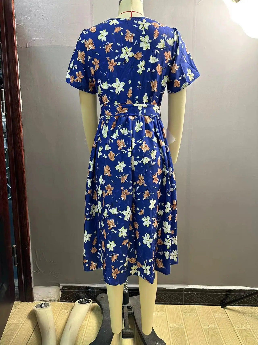 Summer new women's V-neck short sleeve printed waist dress women-THAT FASHION STORE