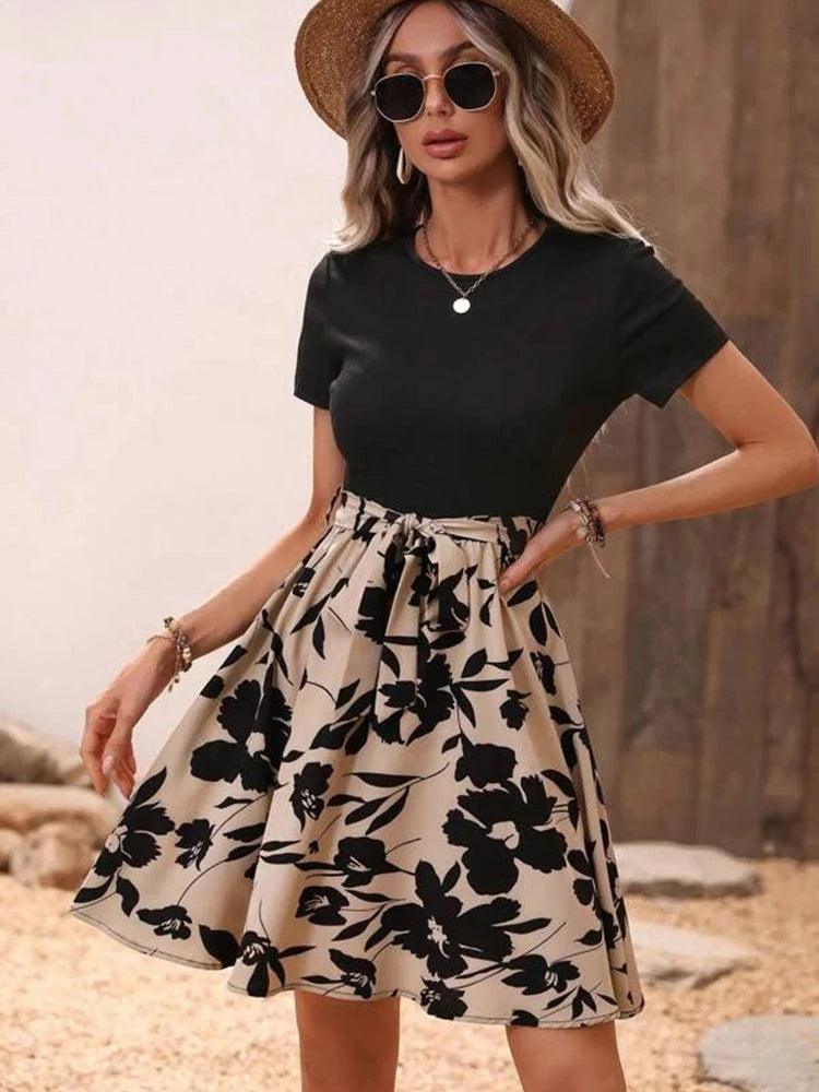 Fashion Casual Summer Women's Round Neck A-line Flower Print Tie With Bow Holiday Style Waist Dress-THAT FASHION STORE