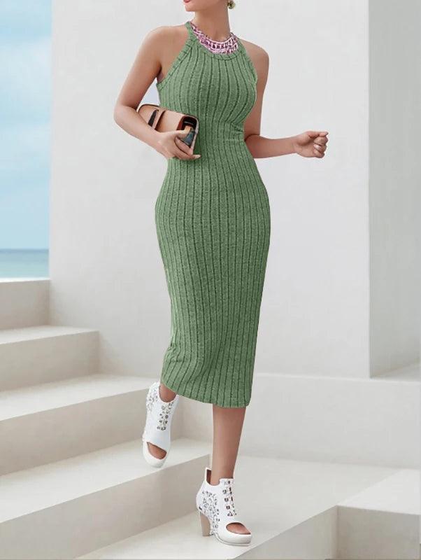 Dresses for Women Solid Halter Neck Bodycon Ribbed Knit Tank Dress-THAT FASHION STORE