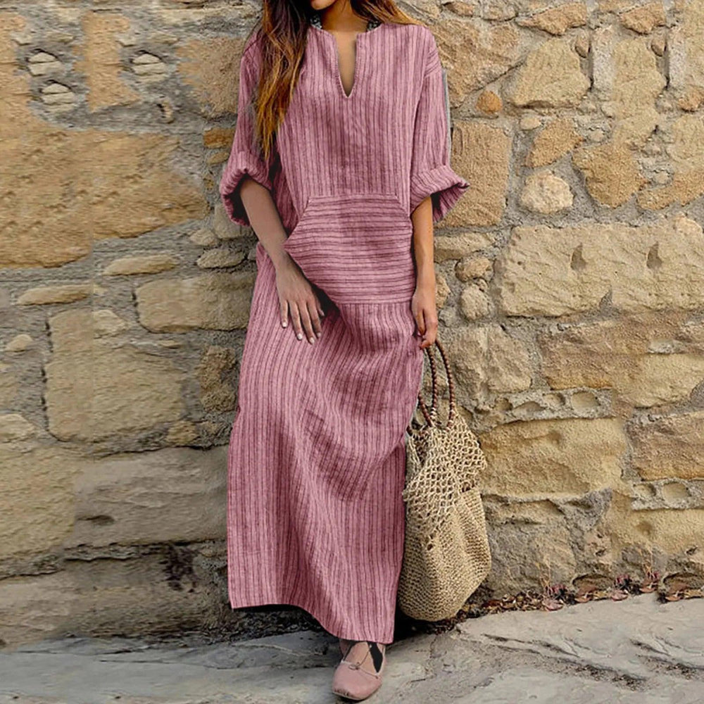 Women'S Summer Dresses Cotton Linen Dresses V Neck Half Sleeve Pocket Yarn Dyed Dress Comfy Striped Loose Long Dress-THAT FASHION STORE