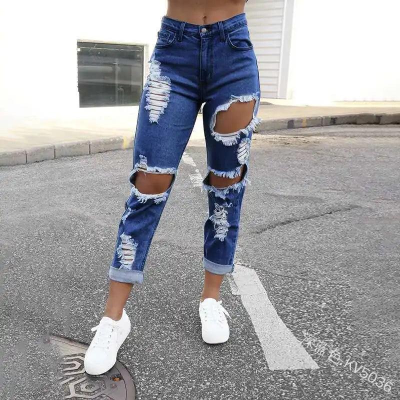 Casual Summer Ripped Hole Straight Denim Pants Y2K INS Clothes Streetwear Womens Fashion Mid Waisted Jeans-THAT FASHION STORE