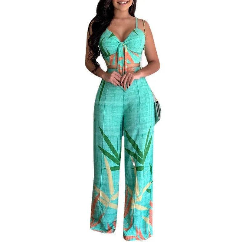 Sexy V Neck Sleeveless Tops Pants Set Office Lady Spring Summer Casual Print Blouse Trousers Two Piece Set Women Outfit 2023-THAT FASHION STORE