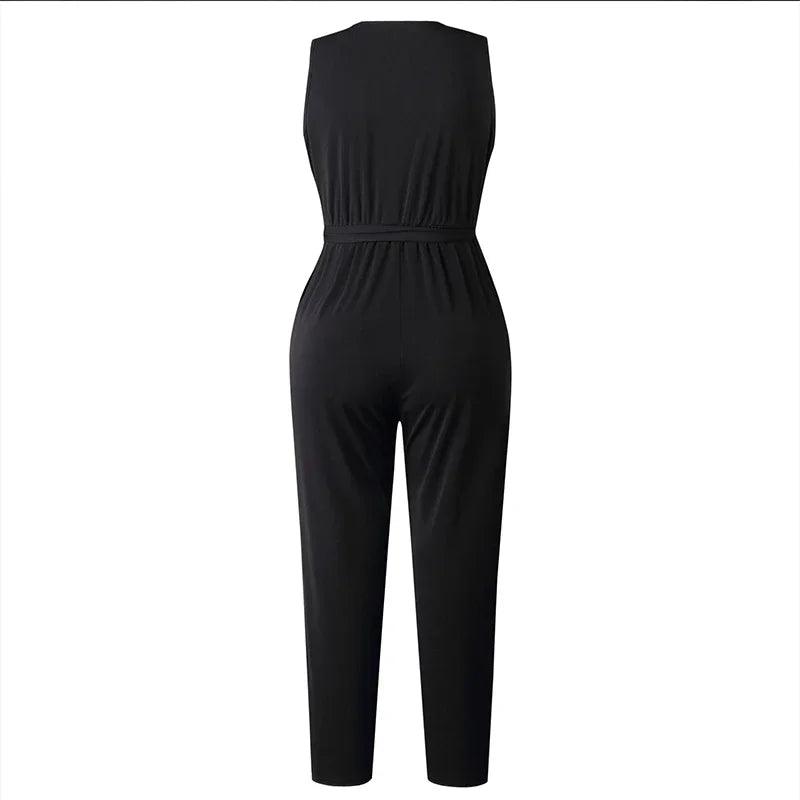 Customized Fashion Lace Women Jumpsuit With Belt Sleeveless Casual V-neck Solid Women Black Jumpsuits Fashion Female Pants-THAT FASHION STORE