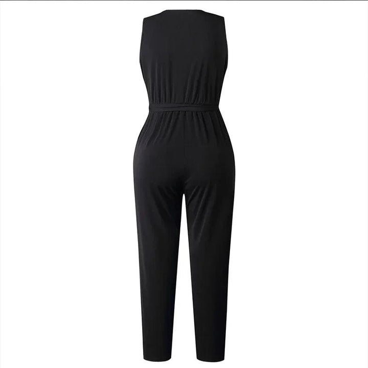 Customized Fashion Lace Women Jumpsuit With Belt Sleeveless Casual V-neck Solid Women Black Jumpsuits Fashion Female Pants-THAT FASHION STORE