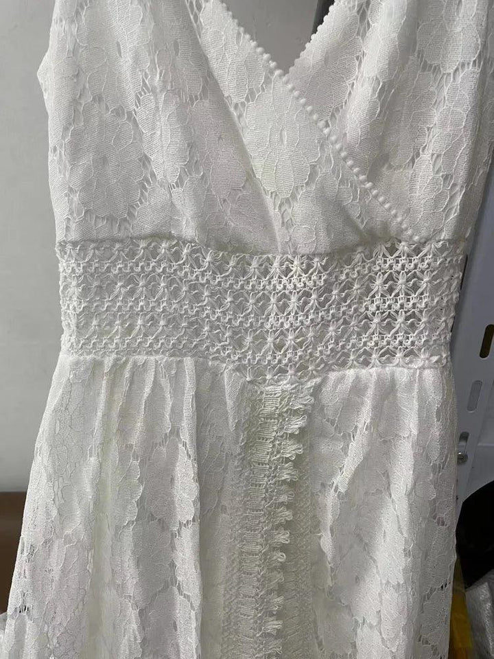 Summer V Neck Solid Color Lace Hollow-Out Sleeveless Sling Party Wear High Waist Rompers Holiday Casual White Women's Jumpsuit-THAT FASHION STORE