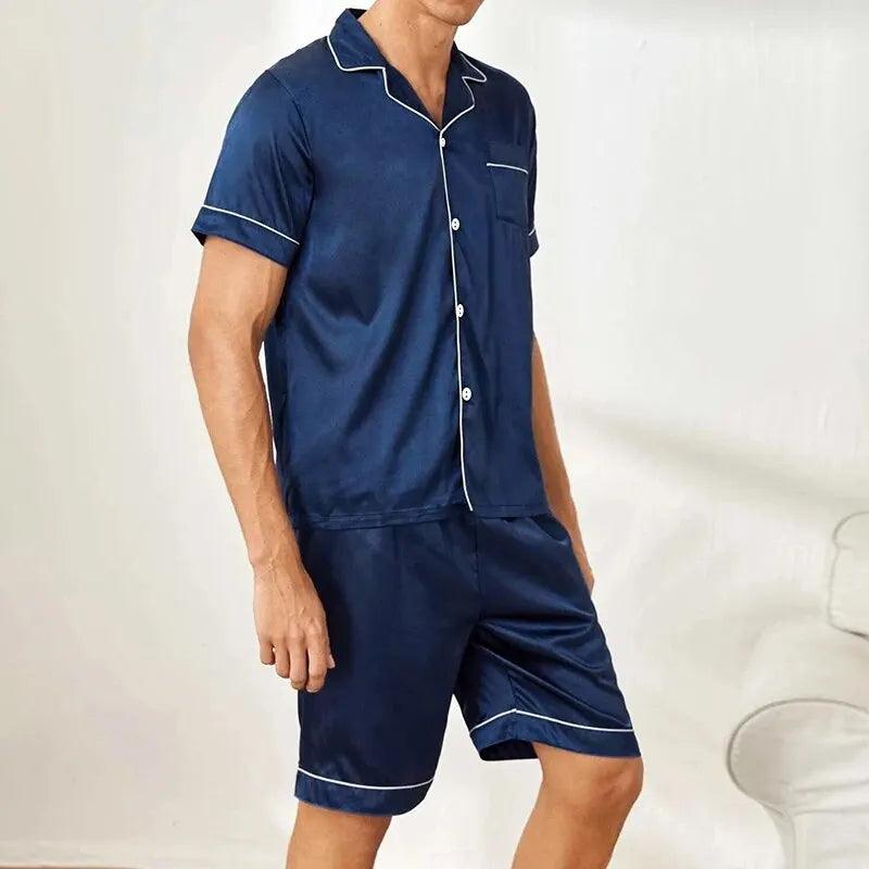 New Men's Satin Pajama Set For Summer Casual Pijama Button Down Pocket Short Sleeve Shirt With Shorts Loungewear Sleepwear Set-THAT FASHION STORE