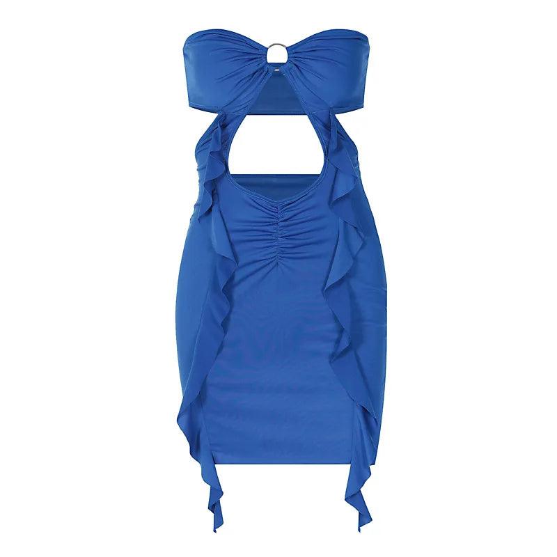 Sexy Strapless Dress Blue Mini Dress Cut Out Backless Dress Ruffles Summer Sundresses Women Bodycon Dress New In Dresses Vestido-THAT FASHION STORE