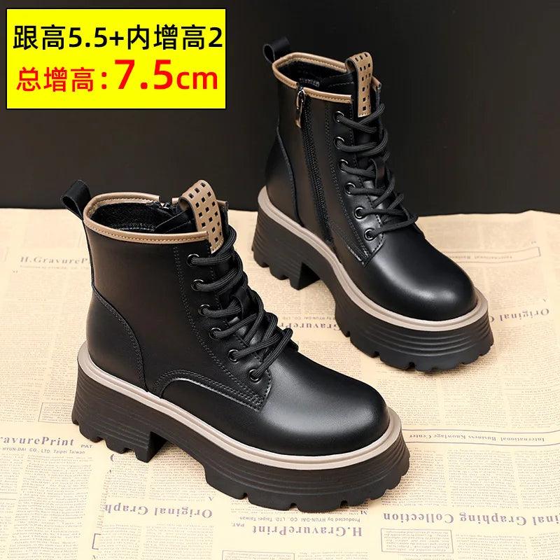 Women Shoes Boots Ankle 2022 New Autumn British Wind Genuine Leather Thick With Fur Ladies Short Boots Motorcycle heels boots-THAT FASHION STORE