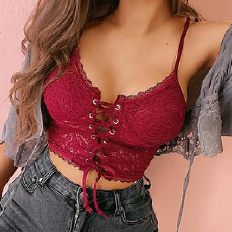 Sexy Lace Up Tank Tops Women Hollow Out Spaghetti Strap Corselet Summer Slim Push Up Camis Built In Bra French Elegant Camisole-THAT FASHION STORE