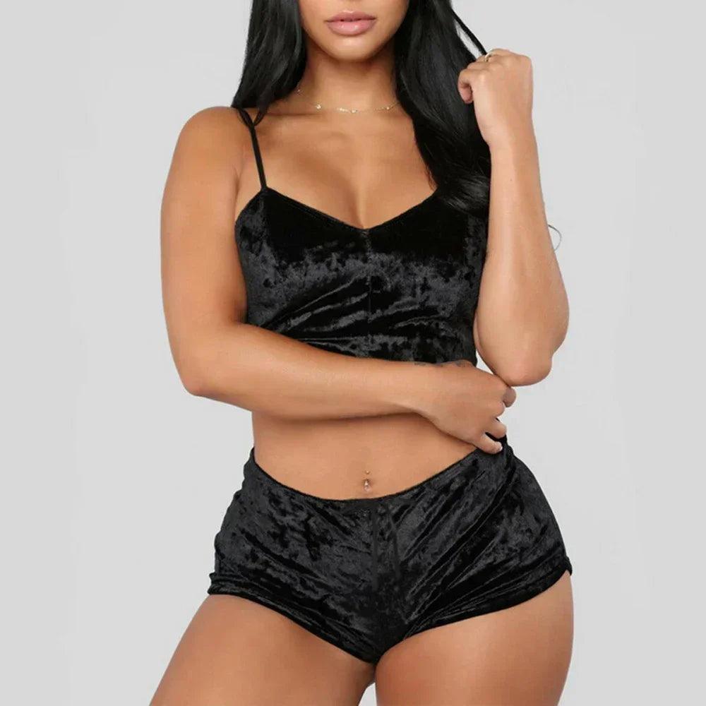 Women's Velvet Sleeveless V-neck Underwear Polyester Setcamisole+shorts Pajamas Set Comfortable Home Clothes Top Pants-THAT FASHION STORE