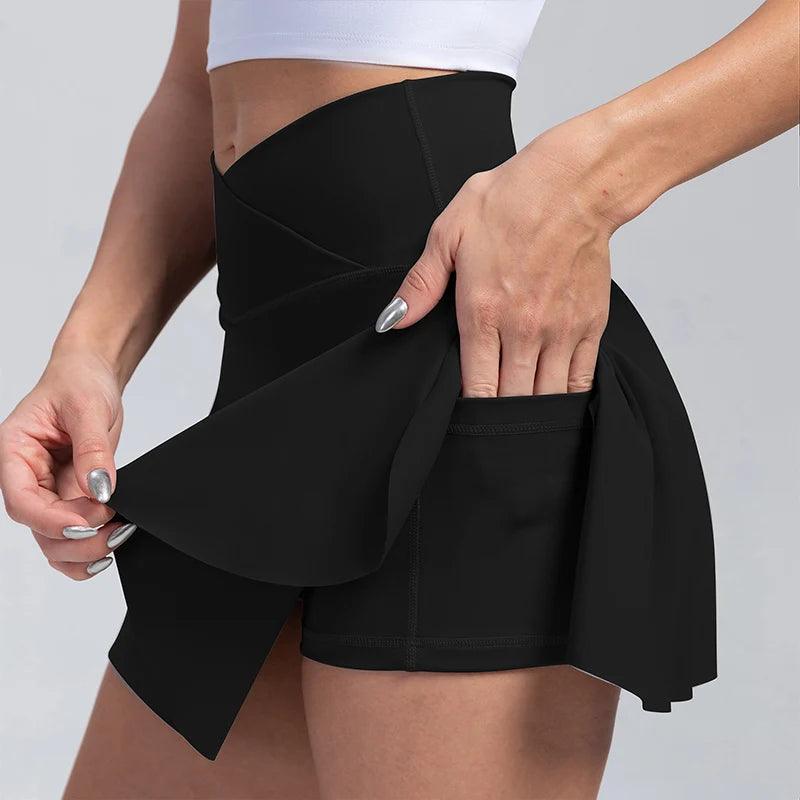 VITALINOVO Women's High Waisted Crossover Tennis Skirts Tummy Control Pleated Golf Skorts Skirts for Women with Shorts Pockets-THAT FASHION STORE