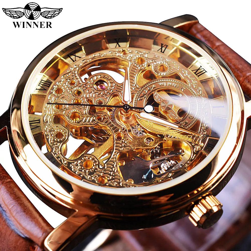 Winner Transparent Golden Case Luxury Casual Design Brown Leather Strap Mens Watches Top Brand Luxury Mechanical Skeleton Watch-THAT FASHION STORE