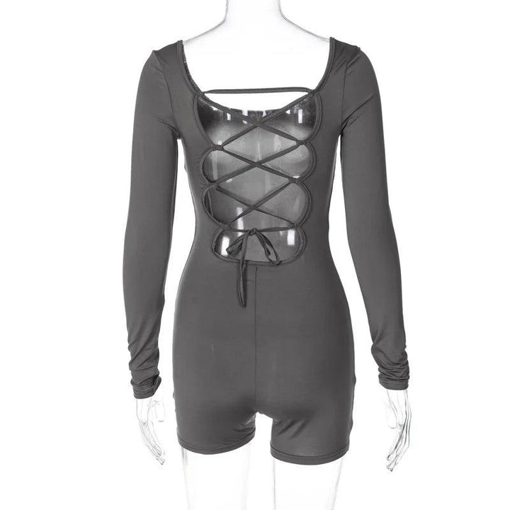 Women's Lace Up Hollow Out Long sleeve Backless Tummy Criss Cross One Piece Shorts jumpsuit Three-quarter pants Slimming Rompers-THAT FASHION STORE