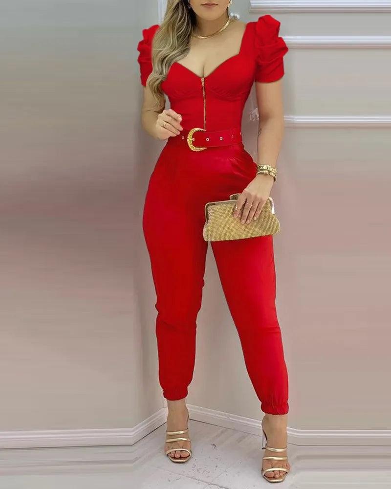 Women's Front Zipper Jumpsuit with Belt Loose Sleeve Casual Fashion Summer-THAT FASHION STORE