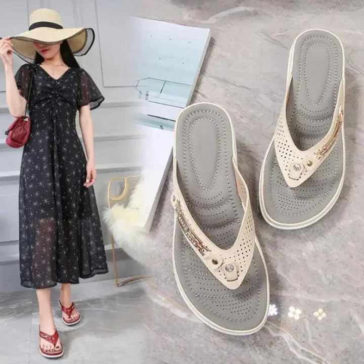 Women's Slippers Summer Metal Button Slides Shoes Wedges Leisure Flip Flops Wedge Beach Sandals Women Outside Platform Slippers-THAT FASHION STORE