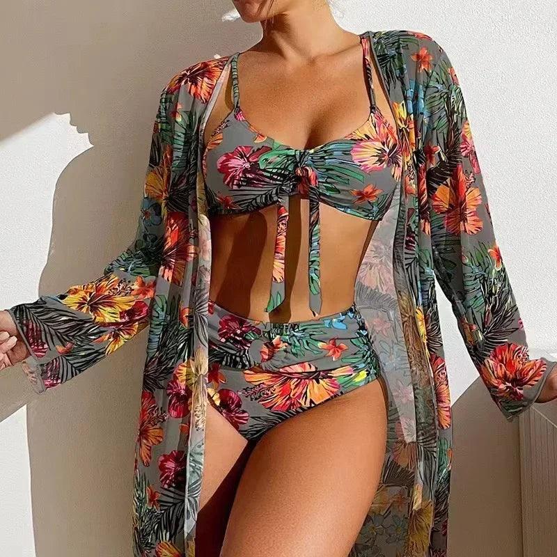 2024 Luxury Sexy High Waisted Bikini Three Pieces Floral Printed Swimsuit Women Bikini Set With Mesh Long-Sleeved Blouse Female-THAT FASHION STORE