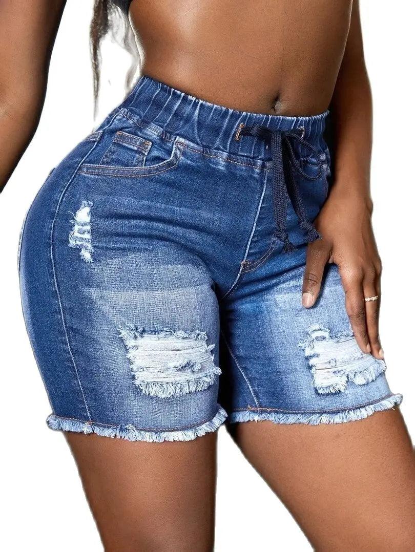 2023 Summer New Elastic Waist Ripped Denim Shorts For Women Fashion High Stretch Skinny Tassel Sexy Shorts Jeans Casual Clothing-THAT FASHION STORE