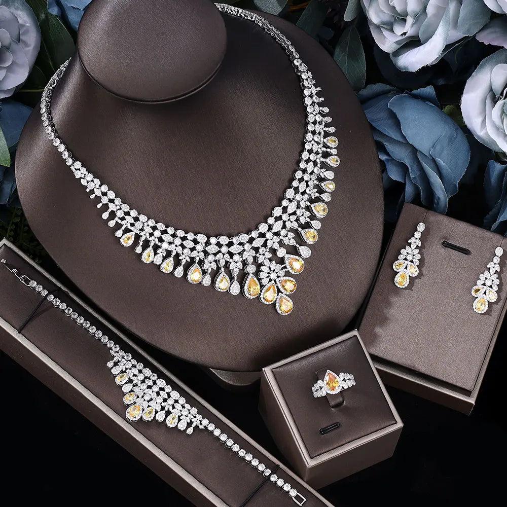 2024 Zircon Super Deluxe Tassel Water Drop Big Wedding Bridal Necklace Earrings 4 Pieces Nigerian Dubai Women's Jewelry Set-THAT FASHION STORE