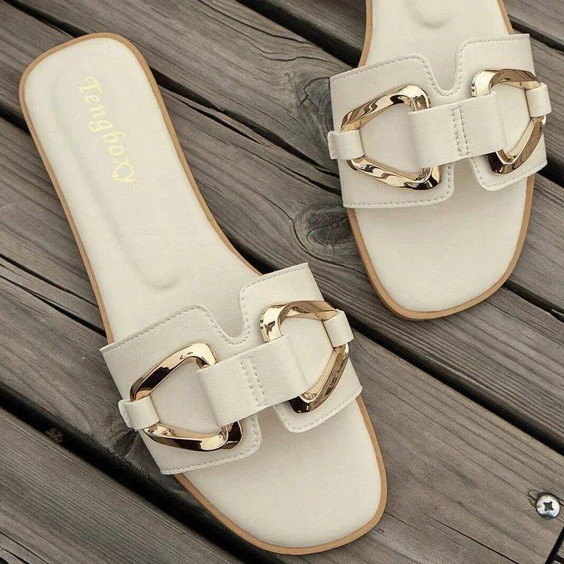 Women Metal Decor Single Band Flat Sandals Fashion Sexy Open Toe Outdoors Slides Luxurious Office Ladies Party Female Shoes-THAT FASHION STORE