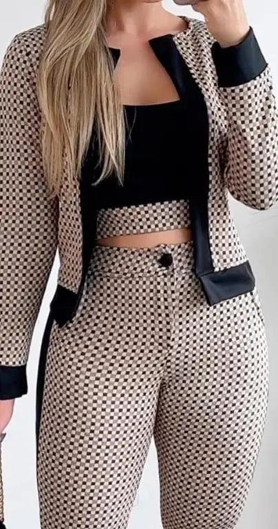 Two Piece Set Women Outfit Spring Fashion Plaid Print Contrast Paneled Open Front Long Sleeve Coat & Elegant Skinny Pants Set-THAT FASHION STORE