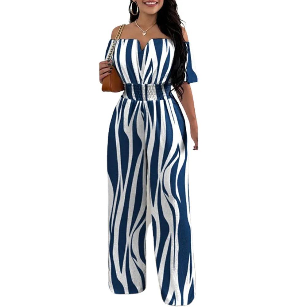 Jumpsuits for Women 2023 Spring Fashion Off Shoulder Casual Plain Short Sleeve Shirred Waist Daily Long Wide Leg Jumpsuit 2024-THAT FASHION STORE