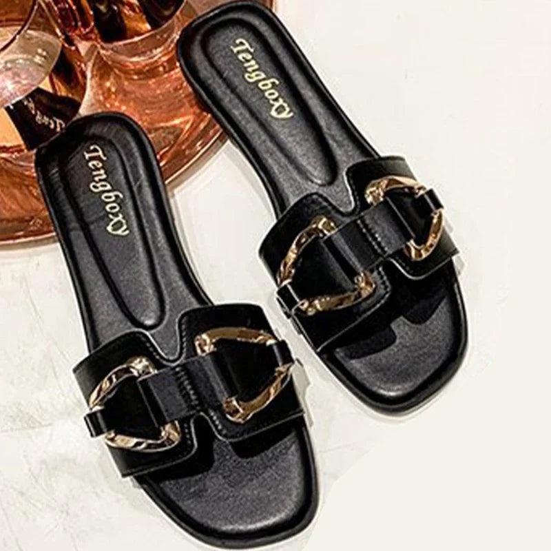 Women Metal Decor Single Band Flat Sandals Fashion Sexy Open Toe Outdoors Slides Luxurious Office Ladies Party Female Shoes-THAT FASHION STORE