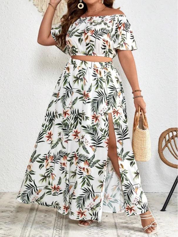 Plus Size Summer 2 Two Piece Set Women Off Shoulder Sexy Ladies Cropped Blouses Irregular Split Modis Ruffle Pleated Woman Skirt-THAT FASHION STORE