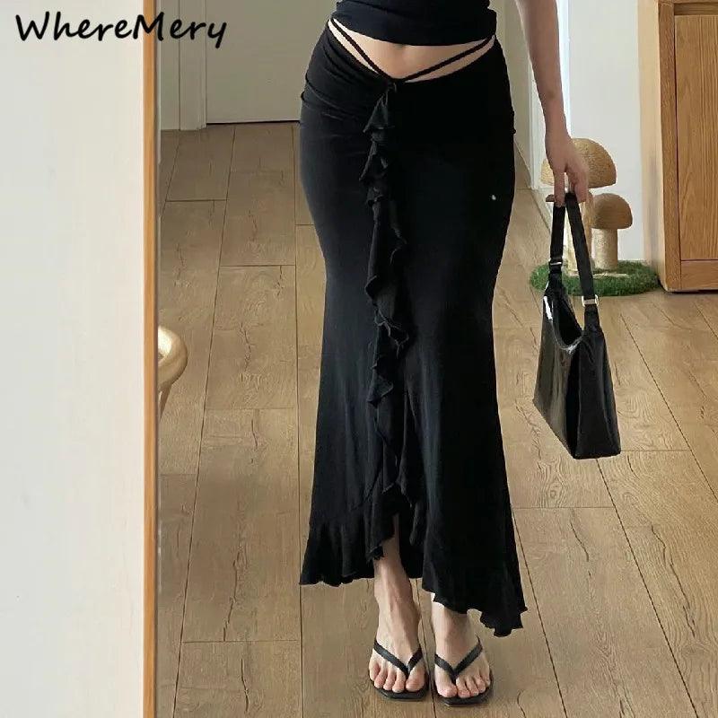 WhereMery Women Solid Ruffles Skinny Skirt Sexy Ruched Bandage High-waist Street Skirts Summer Elegant Office Casual Short Dress-THAT FASHION STORE