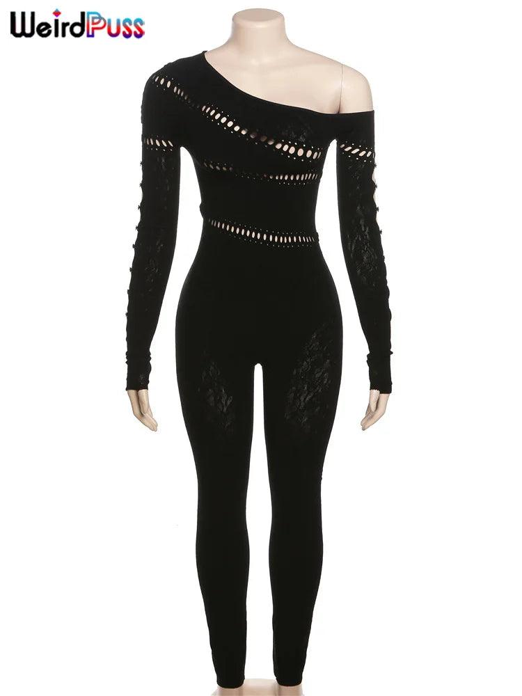 Weird Puss Sexy Hollow Tight Jumpsuit Women Irregular Off Shoulders Skinny Elastic Diamonds Long Sleeve Sexy Clubwear Overalls-THAT FASHION STORE