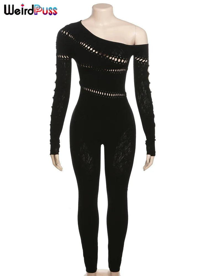 Weird Puss Sexy Hollow Tight Jumpsuit Women Irregular Off Shoulders Skinny Elastic Diamonds Long Sleeve Sexy Clubwear Overalls-THAT FASHION STORE