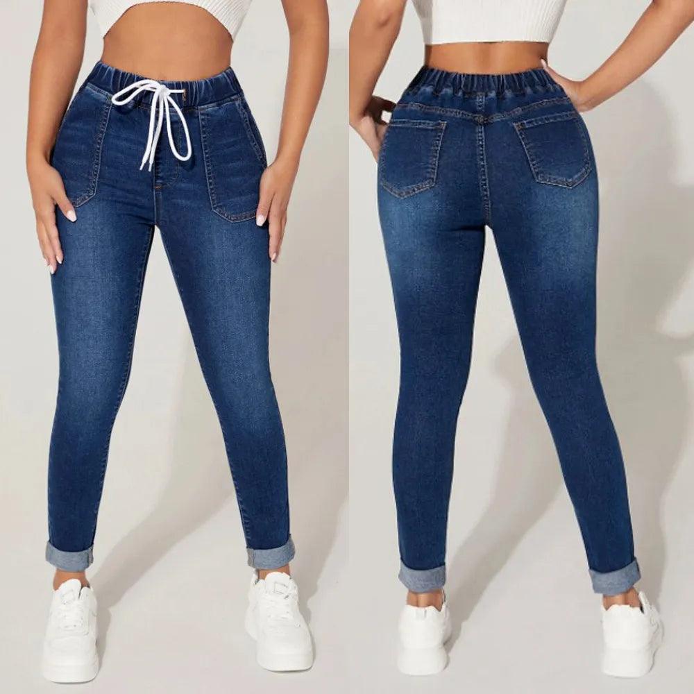 2023 Autumn and Winter Women's High Stretch Elastic Waist Drawstring Jeans Fashion Skinny Slim Ankle-Length Denim Pencil Pants-THAT FASHION STORE