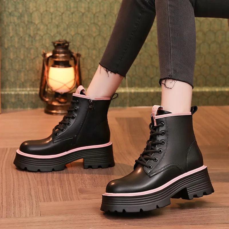 Women Shoes Boots Ankle 2022 New Autumn British Wind Genuine Leather Thick With Fur Ladies Short Boots Motorcycle heels boots-THAT FASHION STORE