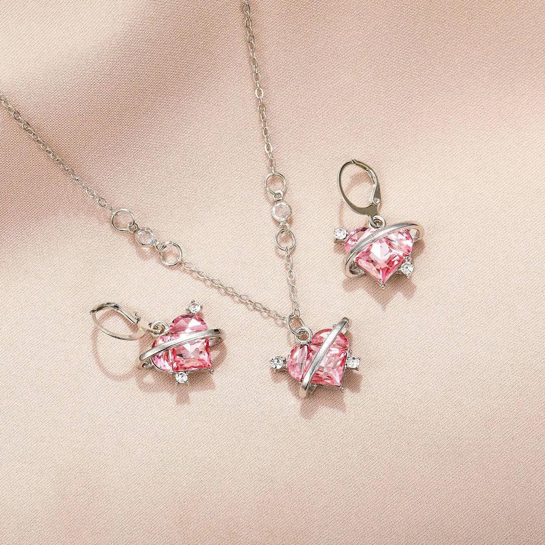 New Fashion Earrings Necklaces Set for Women Heart-shaped Zircon Pink Crystal Pendant Necklace Women's Jewelry Exquisite Gifts-THAT FASHION STORE