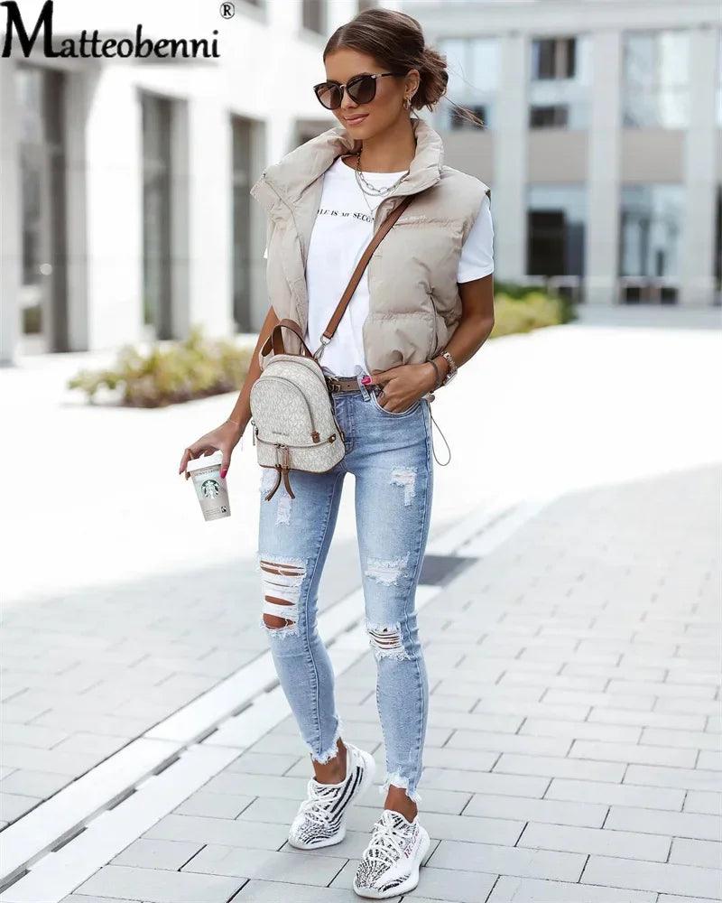 2024 New Summer Ripped Light Blue Jeans Women's Slim Knee Cut Hole Length Casual Pencil Pants Retro Jeans-THAT FASHION STORE