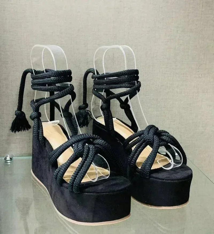 2024 Summer New Platform Wedge Sandals for Women Fashion Round Toe Cross Tied Height Increase Open Toe Femme Sandal Plus-THAT FASHION STORE