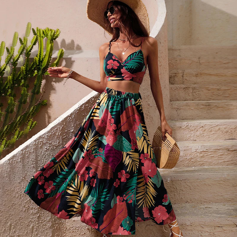 Y2K Floral Print Two-Piece Bikini Crop Top and Skirt Set for Women - Summer Boho Midi Dress - THAT FASHION STORE