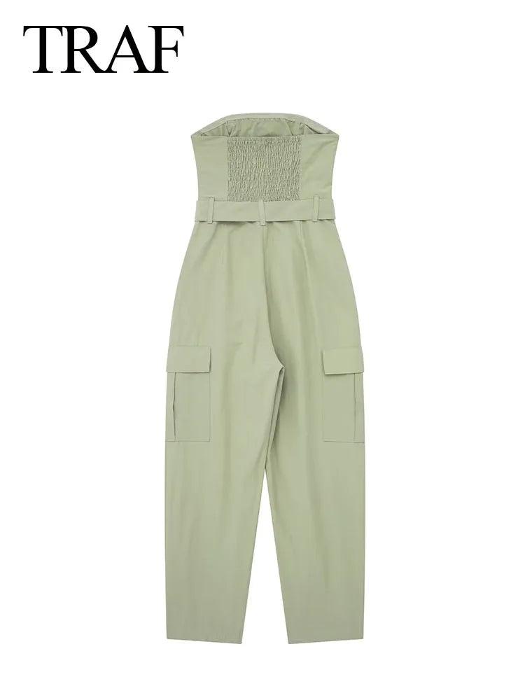 TRAF 2023 New Women Fashion Y2K Jumpsuit Solid Green With Belt Sleeveless Green Cargo Pants Loose Chic Female Clothing Street-THAT FASHION STORE