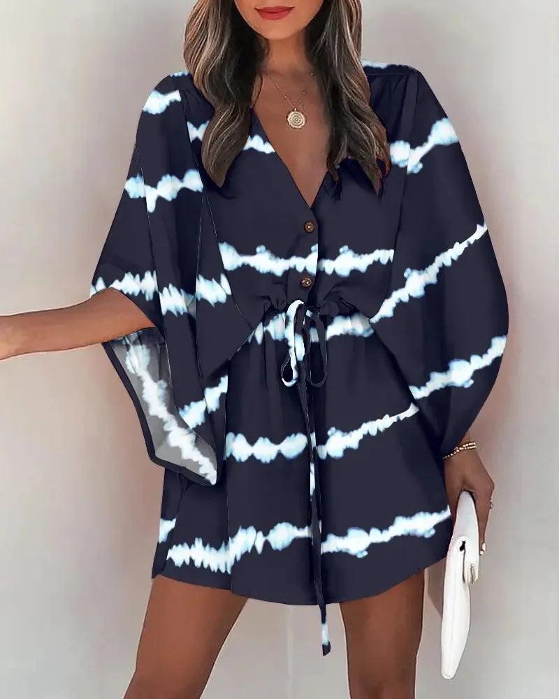 Women Print Dress Sexy V-Neck Bat Sleeve Ruffl Flowers Print Bohemian Beach Sundress Ladies Loose Summer Vacation Mini Dresses-THAT FASHION STORE